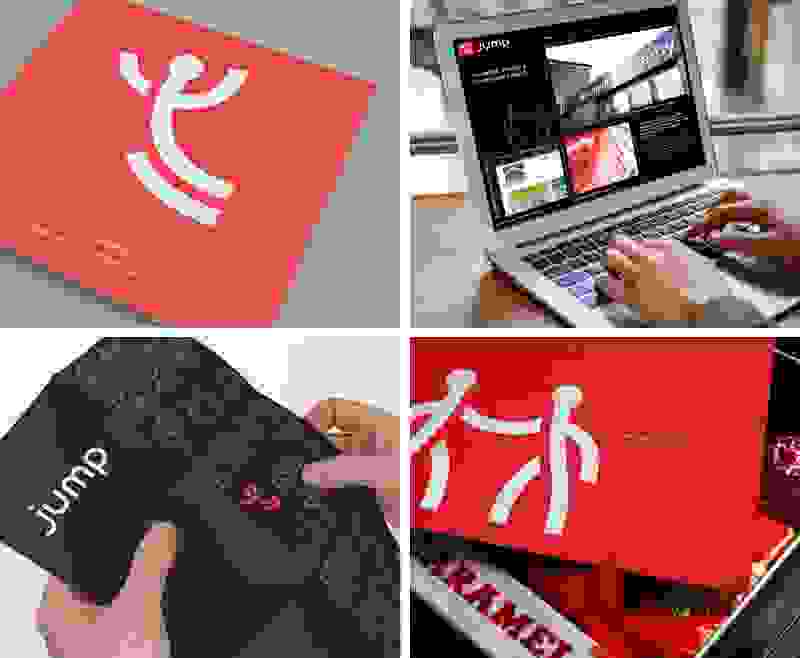Old JUMP branding shown across four images including a brochure, web page, leaflet and card